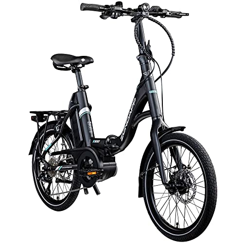 ZÜNDAPP X100 E Bike 20 Zoll Klapprad für Damen und Herren 150-190 cm Bosch Ebike Mittelmotor mit Shimano Sora 9 Gang Nabenschaltung Elektro Fahrrad 400 Wh Akku Faltrad (45 cm, schwarz/türkis) von ZÜNDAPP