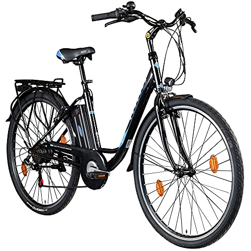 ZÜNDAPP Z505 E Bike Damen 28 Zoll E Damenfahrrad Elektro Fahrräder mit 6 Gängen Fahrrad Ebike Damen City Hollandrad Damenrad Pedelec tiefer Einstieg (schwarz/blau, 48 cm) von ZÜNDAPP