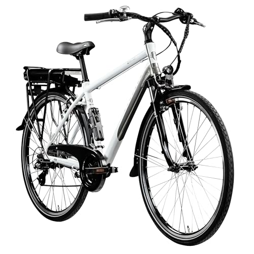 ZÜNDAPP Z802 E Bike Herren Trekking 155-185 cm Fahrrad 21 Gänge, bis 115 km, 28 Zoll Elektrofahrrad mit Beleuchtung und LED Display, Ebike Trekkingrad (weiß/grau mit Faltschloss, 48 cm) von ZÜNDAPP