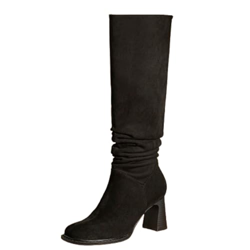 ZUIHAOMAI 7.5cm Damen Stiefel Über Dem Knie Stivali Sopra Il Ginocchio Pelle Scamosciata Con Punta Tonda Stivali Alti per Persone Piccole Stivali Con Tacco Alto per Donne Versatili e Comodi,Black,37 von ZUIHAOMAI