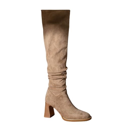 ZUIHAOMAI 7.5cm Damen Stiefel Über Dem Knie Stivali Sopra Il Ginocchio Pelle Scamosciata Con Punta Tonda Stivali Alti per Persone Piccole Stivali Con Tacco Alto per Donne Versatili e Comodi,Brown,39 von ZUIHAOMAI