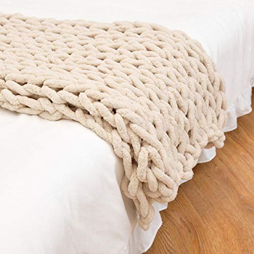 ZUOZUIYQ Grobstrick-Überwurfdecke, beige, gestrickte, schwere Decke für Erwachsene, 100% handgefertigt, weich, gemütlich, Chenille, lässiger Roving, Warmer Stricküberwurf für Schlafzimmer, von ZUOZUIYQ