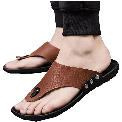 ZUOZUIYQ Leichte Herren-Sandalen aus Leder, Herren-Hausschuhe, Sommer-Flip-Flops, Strand-Hausschuhe, bequeme Schuhe, rutschfeste Badezimmer-Schuhe für drinnen und draußen (Farbe: Braun, Größe: 6,5 UK) von ZUOZUIYQ