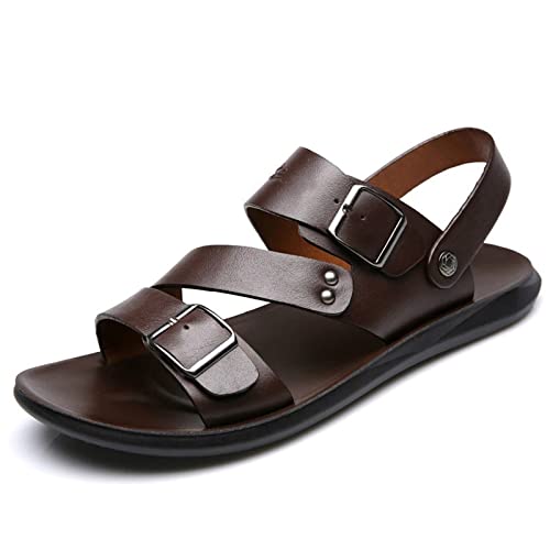 ZUOZUIYQ Leichte Herren-Sandalen aus Leder, Herren-Sandalen aus Spaltleder, weiche, rutschfeste Strand-Sommer-Sandalen für drinnen und draußen (Farbe: Braun, Größe: 6 UK) von ZUOZUIYQ