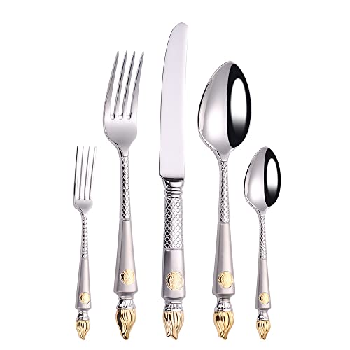 ZUOZUIYQ Silverware Besteckset, 5/20-teiliges Steakmesser- und Gabelset aus Edelstahl 304, leichtes Luxus-Sandstrahlbrennermesser, Gabel und Löffel, Western-Food-Geschirr, Silber-20 Stück für 4 von ZUOZUIYQ