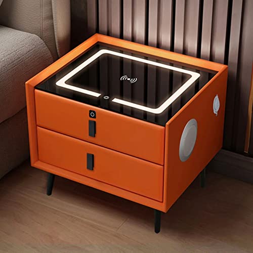 ZURBAQD Led Smart Nachttisch Nachttisch mit 3 Schubladen, USB, kabelloser Ladeanschluss und Fingerabdruck-Schloss, Lautsprecher-Beistelltisch, für Schlafzimmer (Orange) / 2 Schubladen ohne Schloss, von ZURBAQD