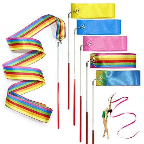 ZWZNBL 5 Tanzbänder Rhythmische Gymnastik Bänder mit Drehstange 2m geeignet für Kindergymnastik, Tanz, Zirkus, Marschband von ZWZNBL