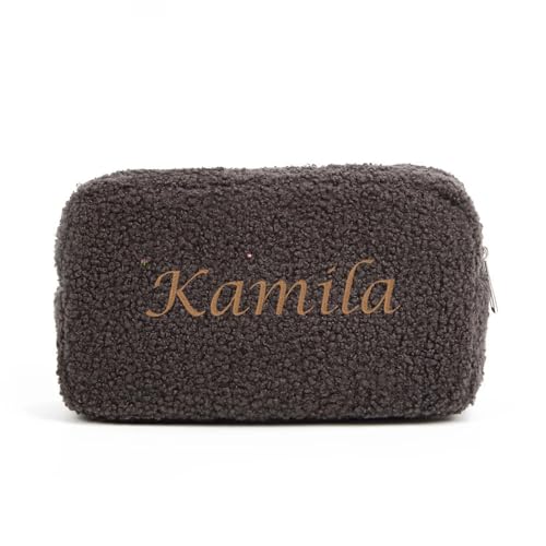 ZXH Personalisierte Make-up-Tasche, personalisierbar, mit Namen, Sherpa-Teddy, Make-up-Tasche, Brautjungferntasche, Kosmetiktasche, Reisetasche, Kulturbeutel für Damen, Hochzeit, Geburtstag, Schwarz von ZXH