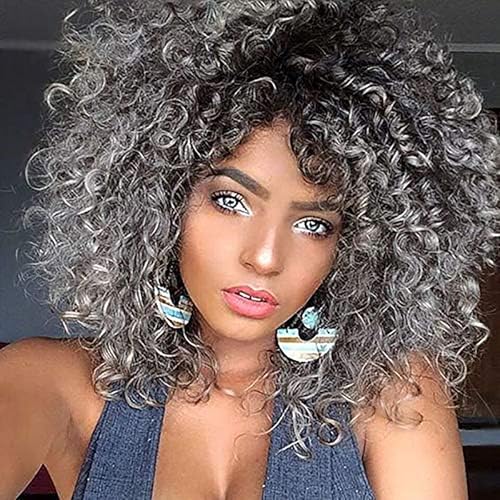 Kurze Afro-Perücke mit verworrenen Locken für schwarze Frauen, Ombre-Grau-Lockenperücken mit Pony, hitzebeständige synthetische Vollperücken, 35,6 cm von ZXINXIN