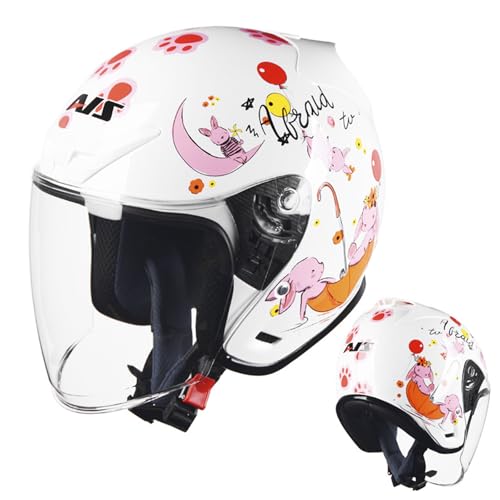 ZXJDP 3/4 Offener Motorradhelm mit Visier, DOT/ECE-zugelassener Halbschalen-Motorradhelm für Männer Frauen, Cooler Helm für Roller,Moped,Straßenrad,ATV,Chopper,White Rabbit 1,XXL von ZXJDP