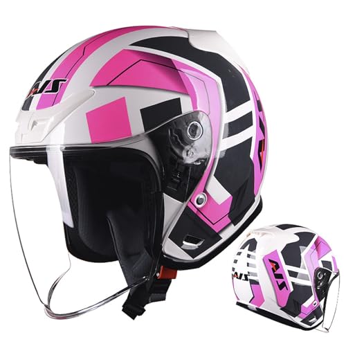 ZXJDP 3/4 Offener Motorradhelm mit Visier, DOT/ECE-zugelassener Halbschalen-Motorradhelm für Männer Frauen, Cooler Helm für Roller,Moped,Straßenrad,ATV,Chopper,White pink 1,M von ZXJDP