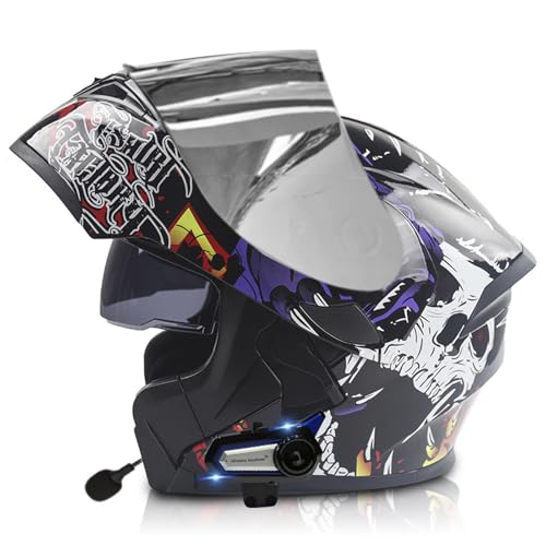 ZXJDP Bluetooth Modularer Integralhelm DOT/ECE-geprüft, Doppelvisier Motorrad-Renn- und Straßen Fahrradhelm Vier Jahreszeiten für Männer Frauen Rollerhelm Vollvisierhelm,Black Purple 3,XXL von ZXJDP