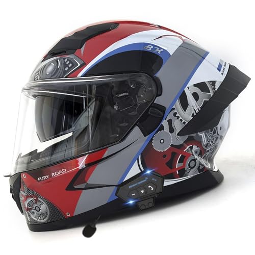 ZXJDP Bluetooth-Motorradhelm mit Lautsprecher, DOT/ECE-zugelassener Doppelvisier Integralhelm Cooler Ganzjahres Helm Straßenrad-Rennhelm für Männer Frauen Jugendliche,Gray red 1,M von ZXJDP