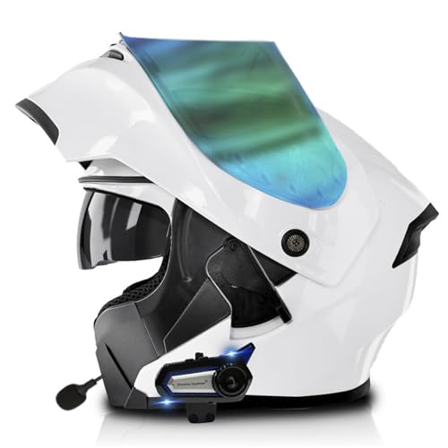 ZXJDP Herren Bluetooth Modular Motorradhelm, DOT/ECE-geprüft Doppelvisier Motorrad-Renn- und Straßen Fahrradhelm Vier Jahreszeiten für Männer Frauen Rollerhelm Vollvisierhelm,White 5,L von ZXJDP