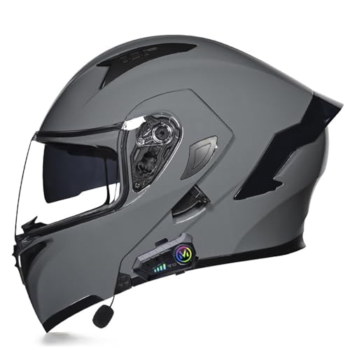 ZXJDP Klapphelm modularer Bluetooth-Motorradhelm, DOT/ECE-zugelassener Doppelvisier Integralhelm für Männer Frauen, Cooler Ganzjahreshelm für Straßenmotorräder,Roller,Mopeds,Jets,Cement Gray 1,XL von ZXJDP