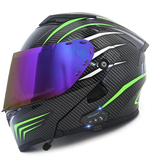 ZXJDP Klapphelm modularer Bluetooth-Motorradhelm für Männer Frauen, DOT/ECE-zugelassener Doppelvisier Integralhelm, Cooler Ganzjahreshelm für Straßenmotorräder,Roller,Mopeds,Jets,Black Green 3,M von ZXJDP