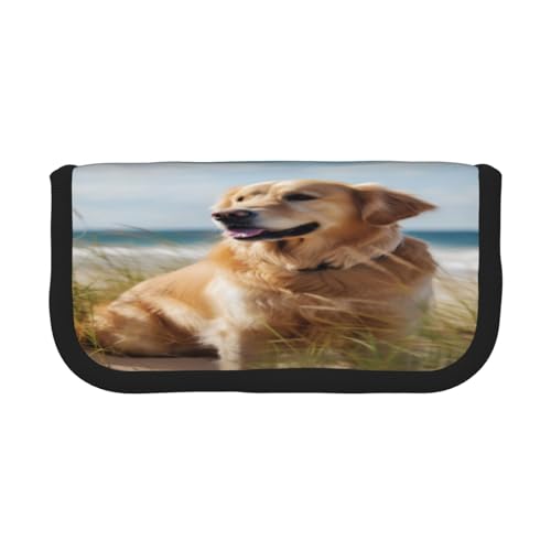 ZXMDZTSS Golden Retriever am Strand – Leinen-Federmäppchen – stilvolles zweifarbiges Design | Make-up- und Schreibwaren-Organizer für Schule, Reisen, Schwarz , Einheitsgröße, Reisetasche von ZXMDZTSS