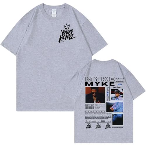 ZXO Myke Towers Merchandise T-Shirt Baumwolle Rundhals Bedruckt Kurzarm Männer Frauen Hip Hop Vintage Kurzarm Pullover Mode Streetwear-Black||XS von ZXO