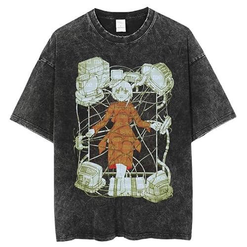 ZXO Serial Experiments Lain T-Shirt Herren Washed Vintage Harajuku Style Kurzarm Damenmode Casual Pullover Fanbekleidung-red ||XS von ZXO