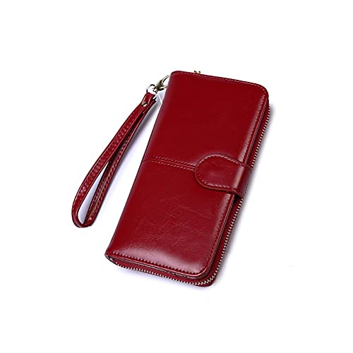 ZXSXDSAX Geldbörse für Damen Damen Wachs Leder Brieftasche Große Kapazität Schnalle Reißverschluss Lange Armband Kupplung Kartenhalter(Dark red) von ZXSXDSAX