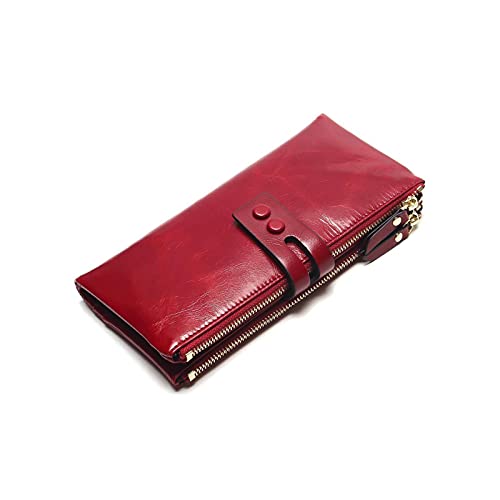 ZXSXDSAX Geldbörse für Damen Frauen Ölwachs Brieftaschen Weibliche Echtes Leder Womens Wallet Reißverschluss Design Frauen Geldbörse Damen lang(Red) von ZXSXDSAX