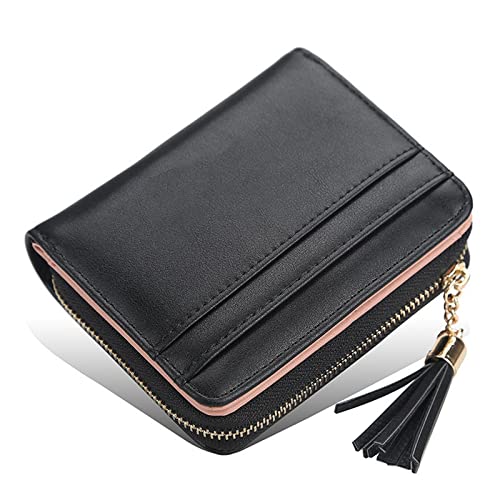 ZXSXDSAX Geldbörse für Damen Mode Quaste Damen Geldbörse Pu. Leder-Reißverschluss Schnalle kurze Brieftaschen for Frauen Luxus Multi-Card 2 Falten Münzbörse(Black) von ZXSXDSAX