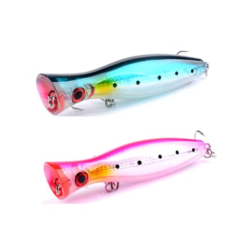 2PCS 40.3g Angellocher, Schwimmende Loder Popper Köder Topwater Angellocher Große Popper Angellocher Salzwasser Angeln Künstliche Harte Loder Bass Thunfisch Popper Loder für Bass, Pike (Rosa + Blau) von ZXYZLJJD