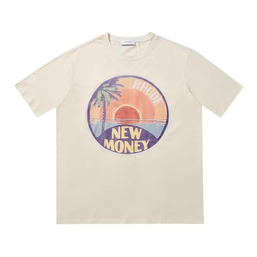 ZXZUCVE Sonnenuntergang Kokosnussbaum Buchstabendruck Amerikanische Straße High Street Retro Lose Rundhalsausschnitt Kurzarm T-Shirt Für Männer Im Sommer-color01||M von ZXZUCVE