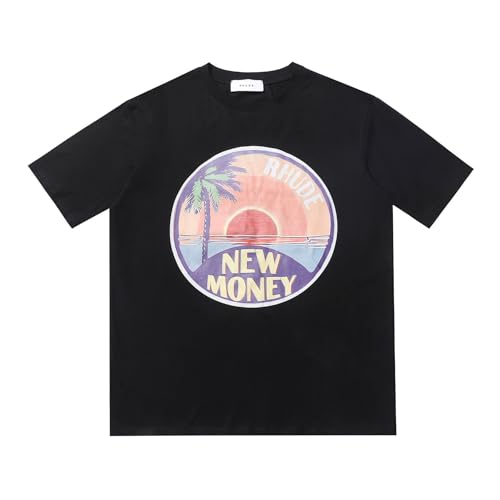 ZXZUCVE Sonnenuntergang Kokosnussbaum Buchstabendruck Amerikanische Straße High Street Retro Lose Rundhalsausschnitt Kurzarm T-Shirt Für Männer Im Sommer-color02||M von ZXZUCVE