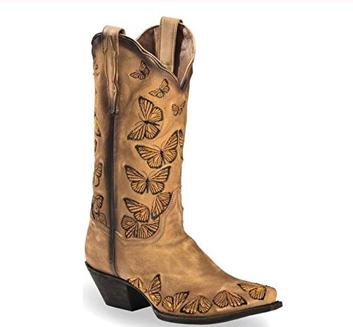Damen High Heel-Stiefel Western-Cowboy-Stiefel Schmetterlinge gestickte Ankle Boots-quadratische Zehe Chunky-Schnee-Aufladungen,Gelb,38 von ZYLL
