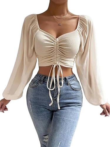 ZYLXDM Damen Bluse Mit Knöpfen Frauen V Hals-Kordelschnur Falten-Laternenhülle Crop Top Bodycon Festes Farb-T-Shirt-Beige-L von ZYLXDM