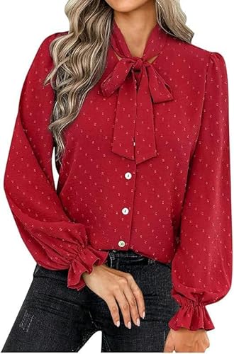 ZYLXDM Damen Langarmshirt Frauen Herbst Herbst V-Neck Bogen Langarmed Shirt Fashion Casual V-Ausschnitt Top Trendy Shirt-Rot-M von ZYLXDM