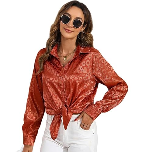 ZYLXDM Damen Langarmshirt Frauen Herbst-Revers-Button-Down Leopard Jacquard Temperament Langarmes Hemd-Dunkelbraun-XXL von ZYLXDM