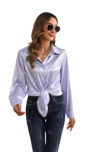 ZYLXDM Damen Langarmshirt Frauen Herbst-Revers-Button-Down Leopard Jacquard Temperament Langarmes Hemd-Hellviolett-M von ZYLXDM