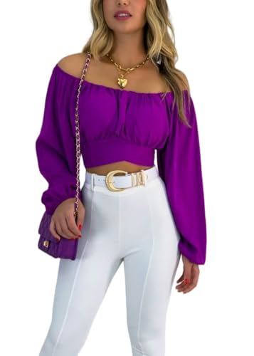 ZYLXDM Damen Langarmshirt Frauen Mit Navel-Billing-Laternenhülsen, One-Shoulder-Ausschnitt, Bindepuffärmel Hemd-Lila-L von ZYLXDM