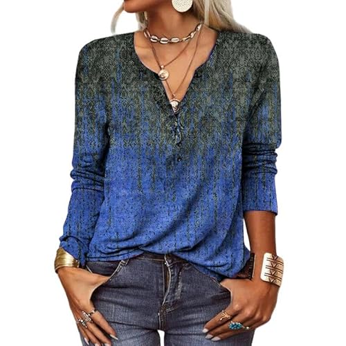 ZYLXDM Langarmshirt Damen Vintage Ethnisch Bedrucktes V-Hals-Hemden Bohemian Pullover Shirt T-Shirt-Blau-2Xl von ZYLXDM