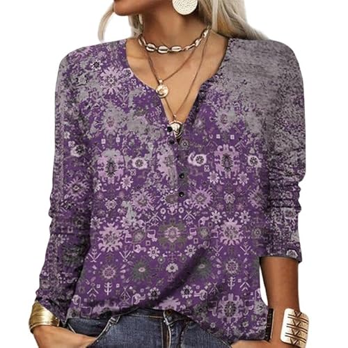 ZYLXDM Langarmshirt Damen Vintage Ethnisch Bedrucktes V-Hals-Hemden Bohemian Pullover Shirt T-Shirt-Blume Tief Lila-M von ZYLXDM