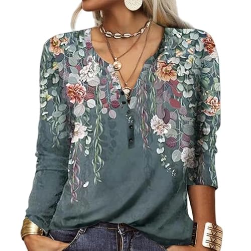 ZYLXDM Langarmshirt Damen Vintage Ethnisch Bedrucktes V-Hals-Hemden Bohemian Pullover Shirt T-Shirt-Lila-5Xl von ZYLXDM