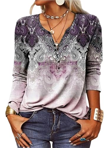 ZYLXDM Langarmshirt Damen Vintage Ethnisch Bedrucktes V-Hals-Hemden Bohemian Pullover Shirt T-Shirt-Rosa-5Xl von ZYLXDM