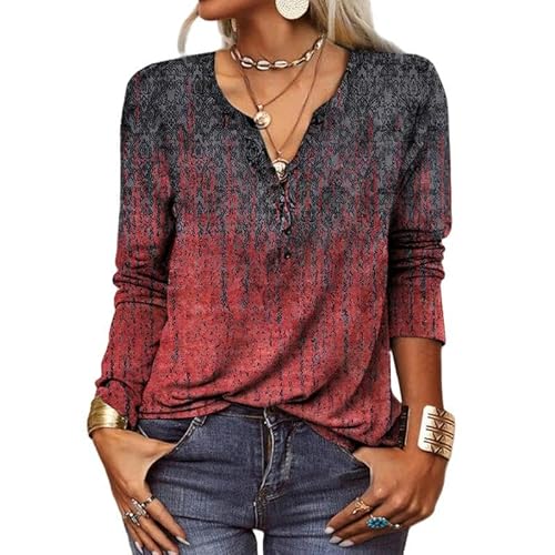 ZYLXDM Langarmshirt Damen Vintage Ethnisch Bedrucktes V-Hals-Hemden Bohemian Pullover Shirt T-Shirt-Rotwein-XL von ZYLXDM