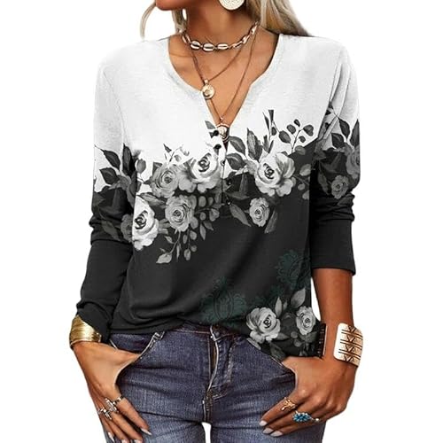 ZYLXDM Langarmshirt Damen Vintage Ethnisch Bedrucktes V-Hals-Hemden Bohemian Pullover Shirt T-Shirt-Schwarz-5Xl von ZYLXDM