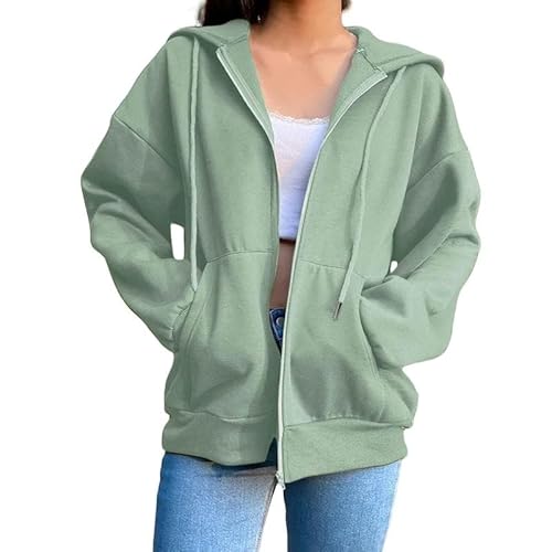 ZYLXDM Zip Hoodie Damen Modische Farbige Hoodie Langschläfe Reißverschluss Draw String Chic Sweatshirt Hoodie-Grün-S von ZYLXDM