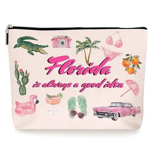 ZYQFN Florida Vacation Kosmetik-Make-up-Taschen, Florida-Souvenirs und Geschenke, Sommer-Flitterwochen-Geschenke für Frauen, Florida-Reise-Kulturbeutel, Florida-Flamingo, Palmenfedern, von ZYQFN