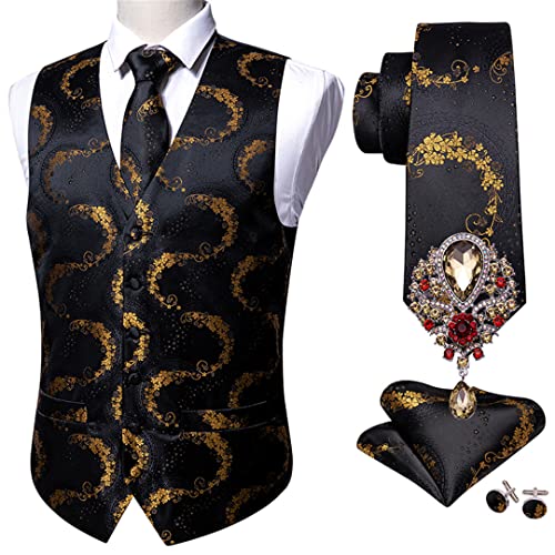 Men Black 5 Pieces Designer Wedding Suits Vest Gold Flower Jacquard Folding Silk Waistcoat L von Zadaos