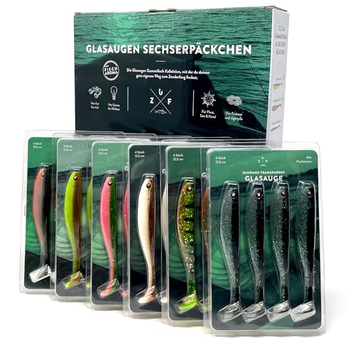 Zanderfang - Gummifisch-Set - Glasaugen Gummifische für Zander, Barsch, Hecht - mit Fischaroma aromatisiert - UV-Aktivität - 6 Farben - 24er-Set Zanderfang - Gummifisch-Set - Glasaugen Gummifische für Zander, Barsch, Hecht - mit Fischaroma aromatisiert - UV-Aktivität - 6 Farben - 24er-Set von Zanderfang