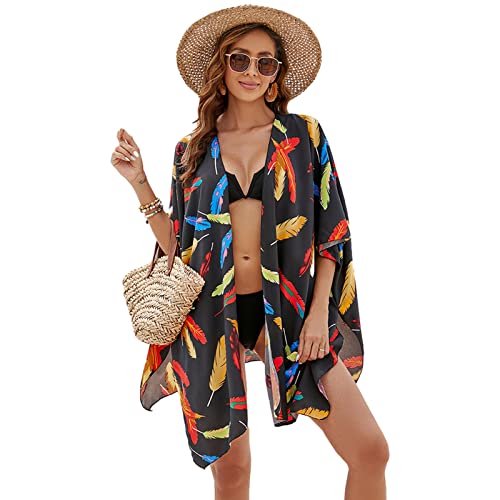 Zdprkqzvz Damen-Kimonos mit Federaufdruck, lockere Badejacke, lässiger Seitenschlitz, Strand-Badeanzug, Oberteil, Strandkleidung von Zdprkqzvz