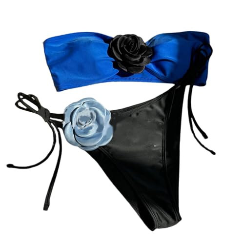 Zeiwohndc Damen 3D Blumen Bandeau Badeanzug Trägerloses Set 2-teilige Badebekleidung Damen Badeanzug Mit Schnürung Strandmode von Zeiwohndc