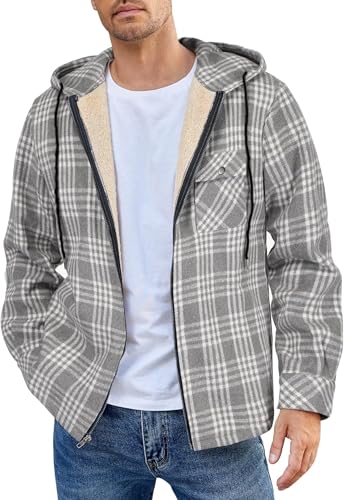 Hemdjacke Herren Karierte Jacke Gefüttert Flanellhemd Winterjacken Mit Tasche Langarm Kapuzenpullover Herren Mit Reißverschluss Übergangsjacke (Grau1,L) von Zelbuck