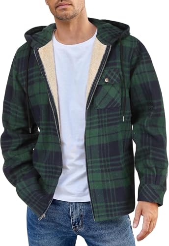 Hemdjacke Herren Karierte Jacke Gefüttert Flanellhemd Winterjacken Mit Tasche Langarm Kapuzenpullover Herren Mit Reißverschluss Übergangsjacke (Grün1,2XL) von Zelbuck