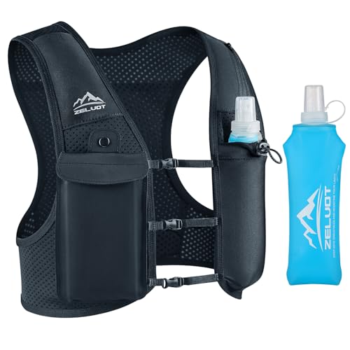 Zelvot Laufweste für Damen und Herren, Europäisches Originalpatent, Verstellbare Brustgurte, Trinkweste Laufen mit 500ml Wasserflasche, Reflektierender Trinkrucksack mit Handyhalterung (Black, L/XL) von Zelvot